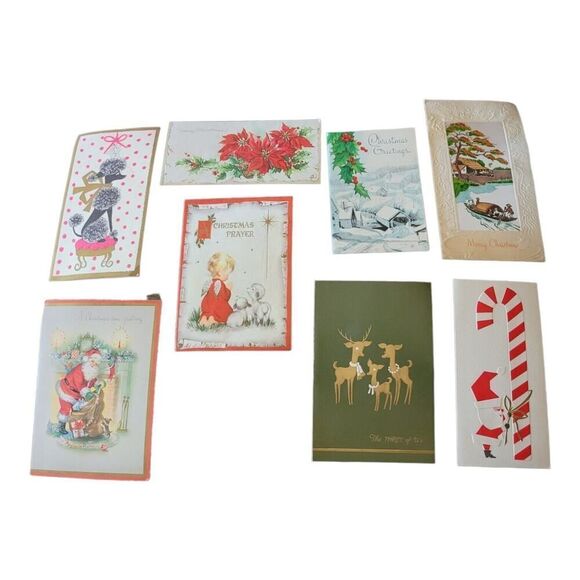 Vintage Christmas Cards 8 USED Santa Sleigh Reindeer Angel Lamb Retro 50s 60s - Picture 1 of 10